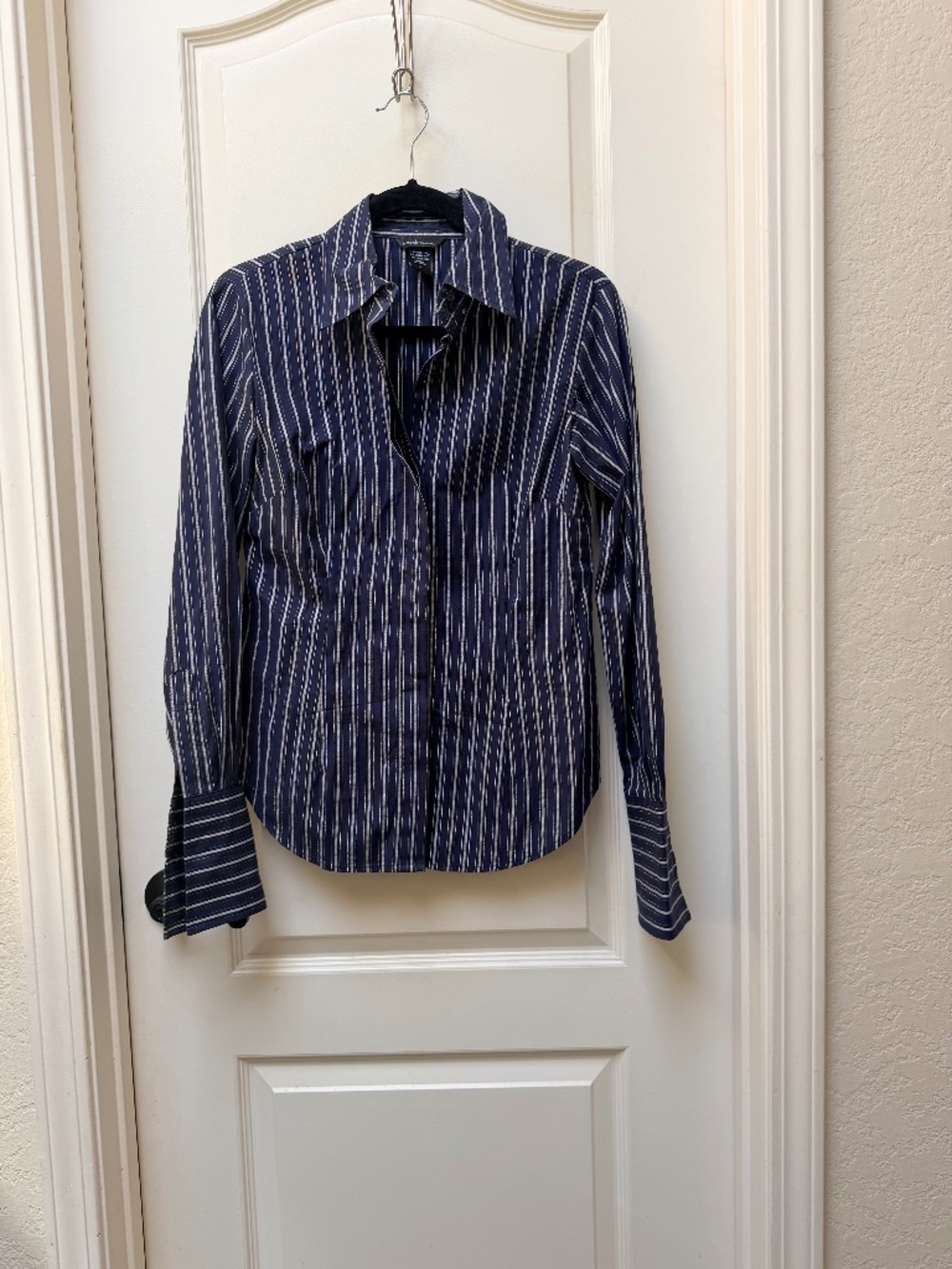 Moda International vintage Navy Striped Button Down Shirt Gold Metallic Size S